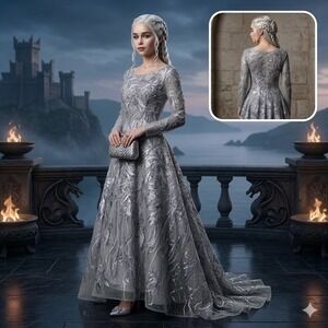 LARA 29048‎ Long Sleeve Beaded Embroidered Gown Grey Multi Womens Size 8 NEW